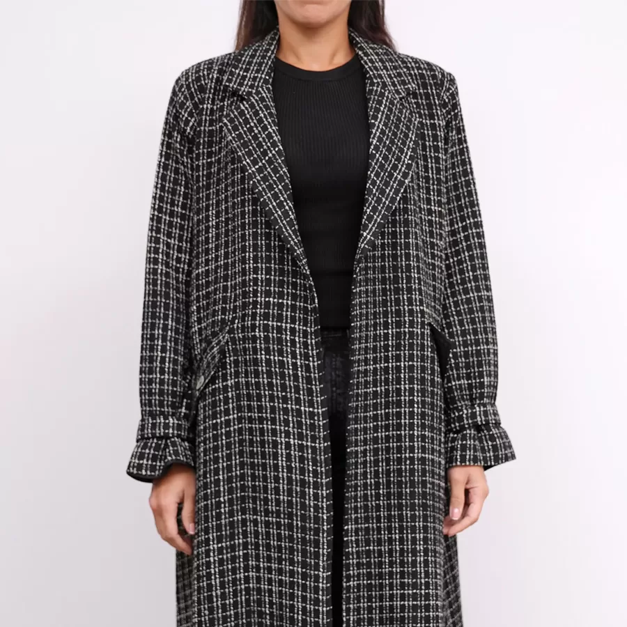 Black Tweed Farwa Woven Long Checkered Coat