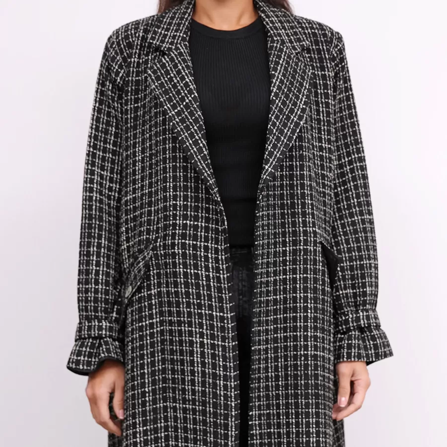 Black Tweed Farwa Woven Long Checkered Coat