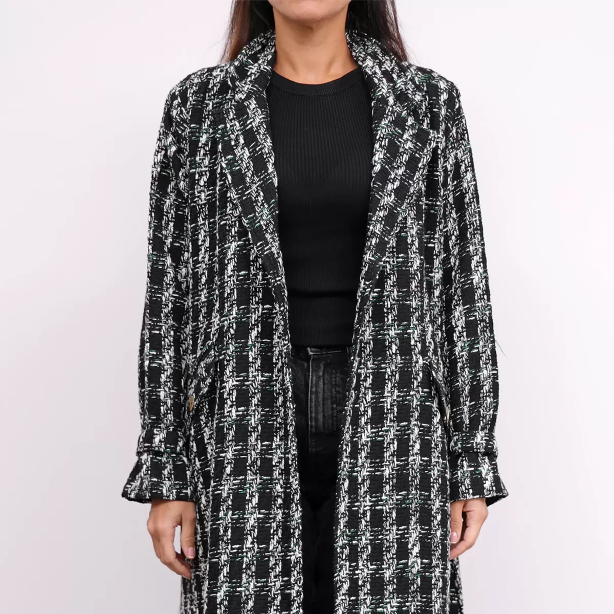 Black Tweed Farwa Woven Long Checkered Coat