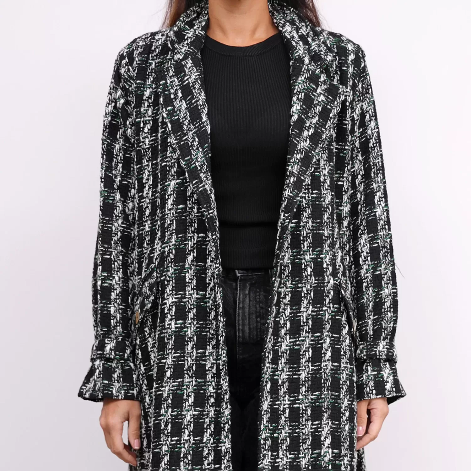 Black Tweed Farwa Woven Long Checkered Coat