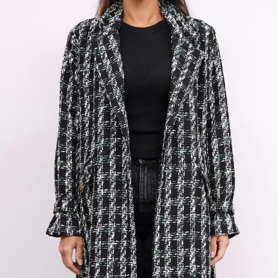 Black Tweed Farwa Woven Long Checkered Coat