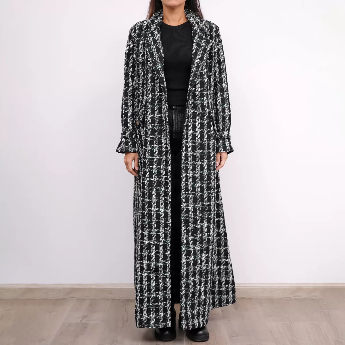 Black Tweed Farwa Woven Long Checkered Coat
