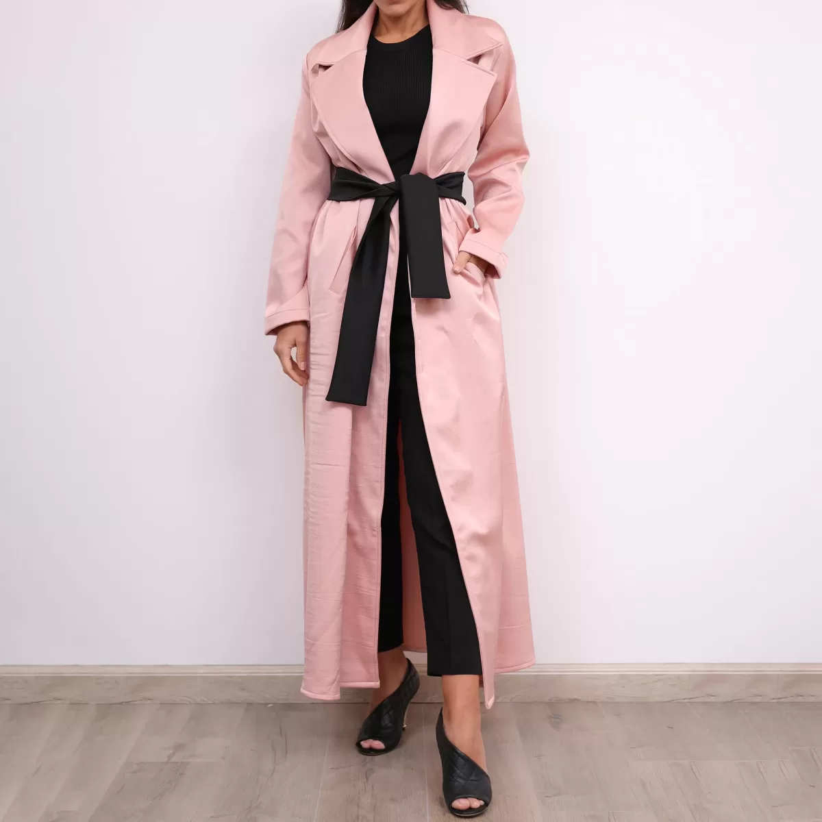 Millennial Pink Felt Long A-line Satin Belted Coat