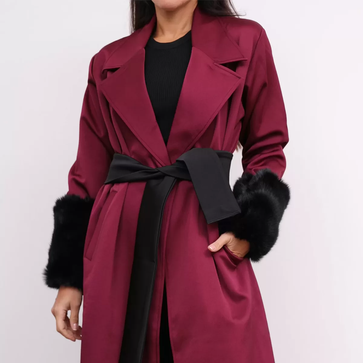 Claret Red Felt Long A-line Satin Belted Coat