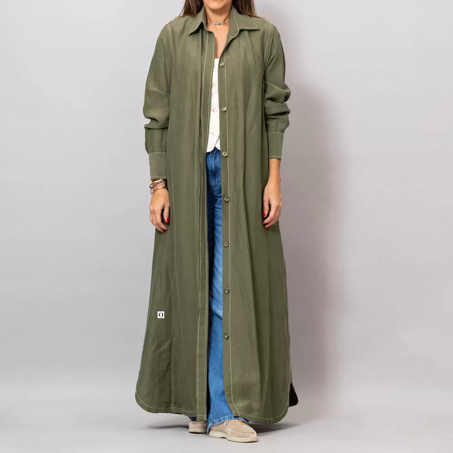 Maria Olive Green Long Linen Button-Down Shirt