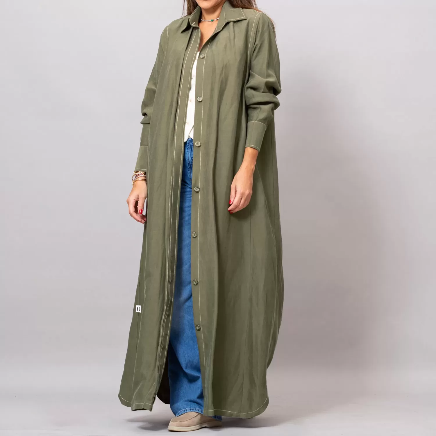 Maria Olive Green Long Linen Button-Down Shirt