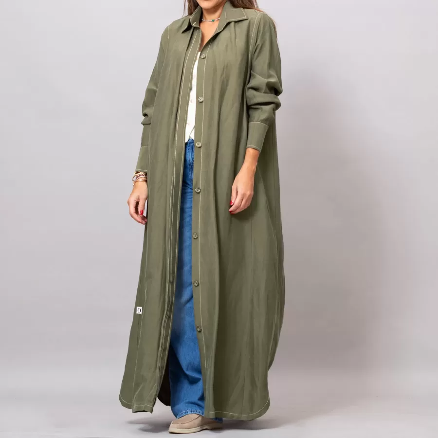Maria Olive Green Long Linen Button-Down Shirt