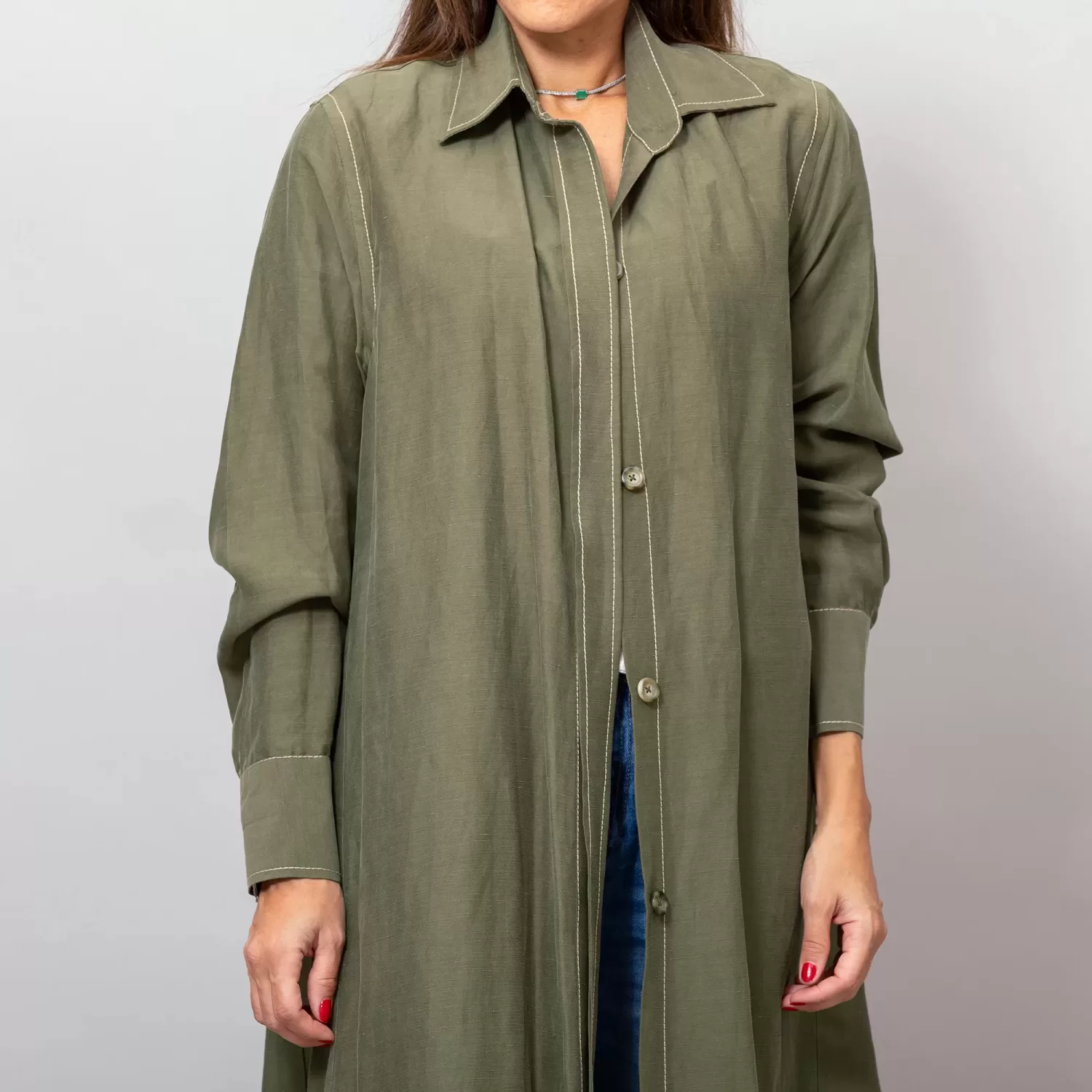 Maria Olive Green Long Linen Button-Down Shirt