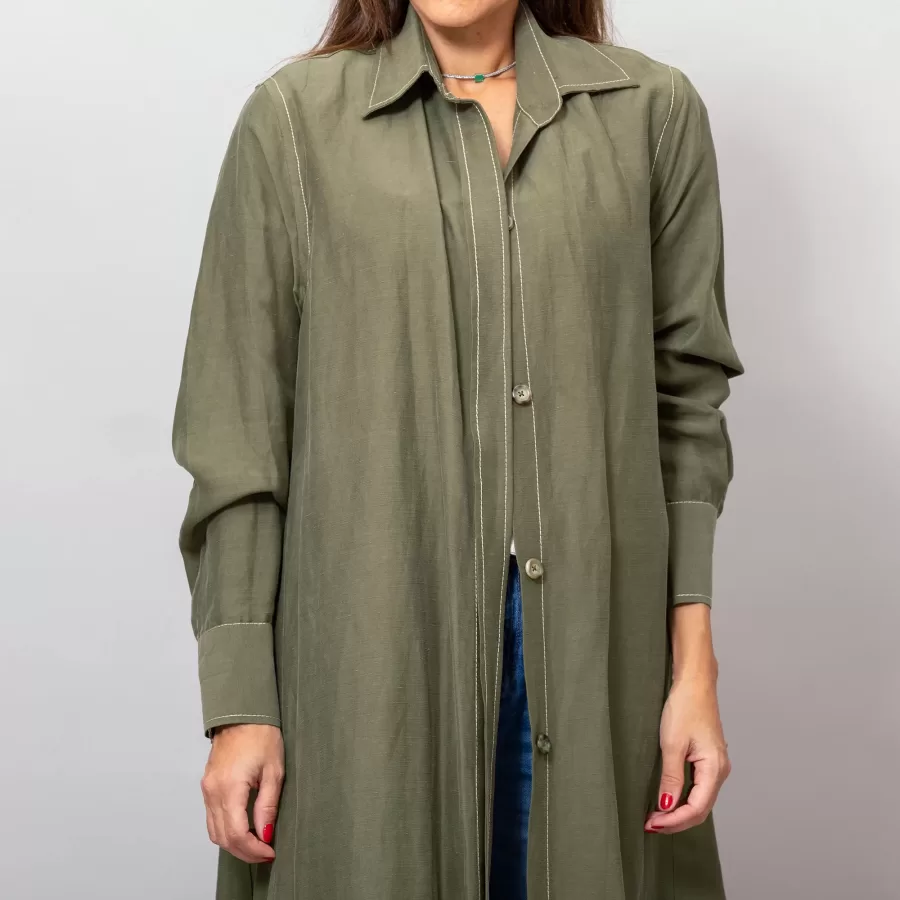 Maria Olive Green Long Linen Button-Down Shirt
