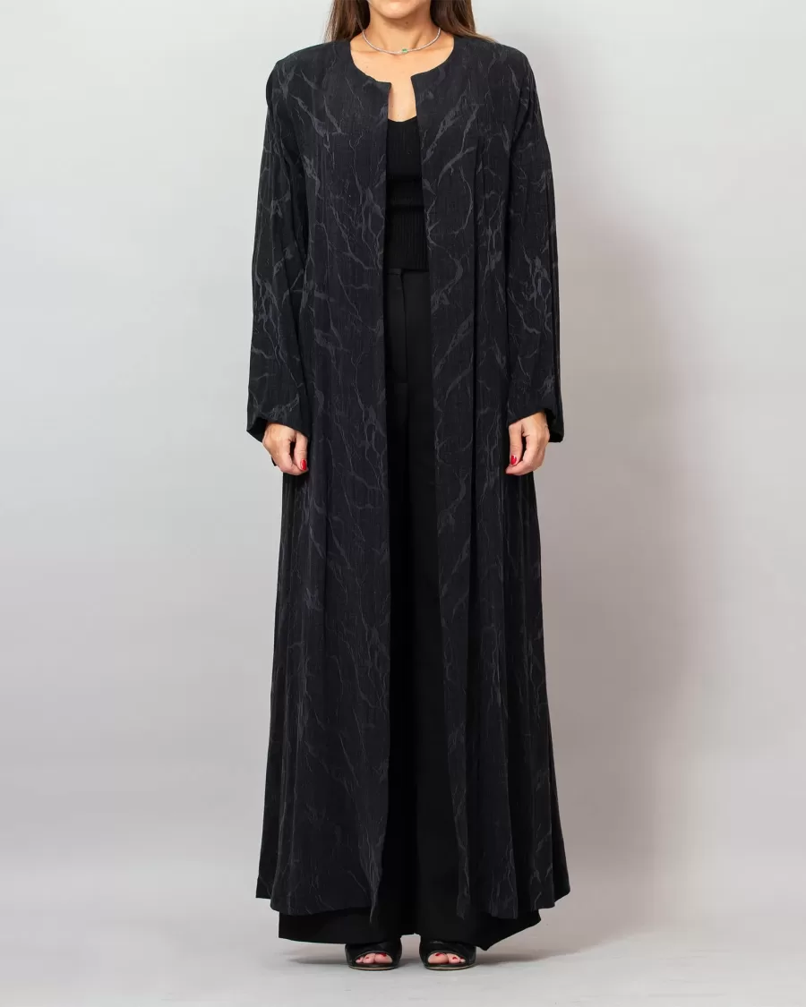 Orchid Black Washed Silk Self-Embroidery Round Neck Abaya