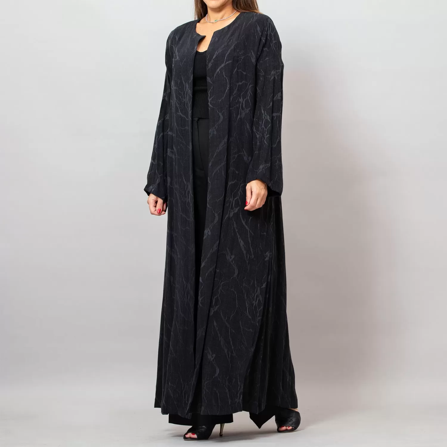 Orchid Black Washed Silk Self-Embroidery Round Neck Abaya