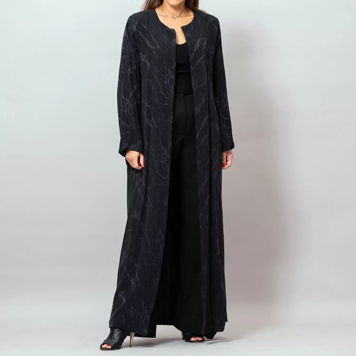 Orchid Black Washed Silk Self-Embroidery Round Neck Abaya