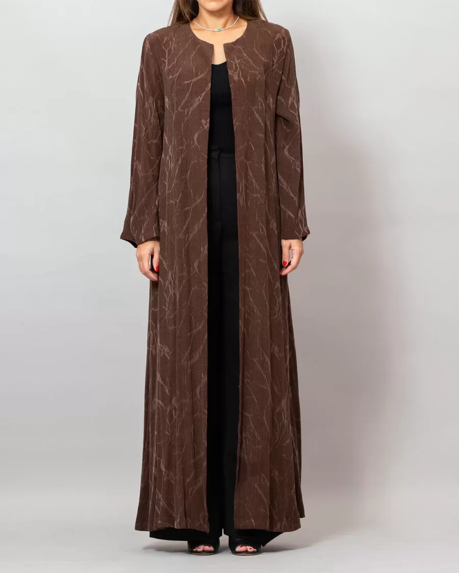 Orchid Dark Brown Washed Silk Self-Embroidery Round Neck Abaya