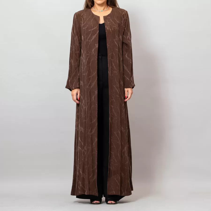 Orchid Dark Brown Washed Silk Self-Embroidery Round Neck Abaya