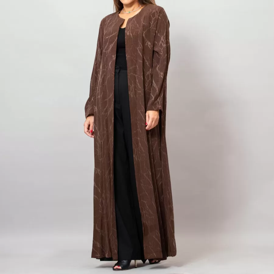 Orchid Dark Brown Washed Silk Self-Embroidery Round Neck Abaya