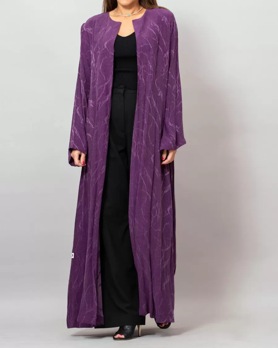 Orchid Byzantium Purple Washed Silk Self-Embroidery Round Neck Abaya