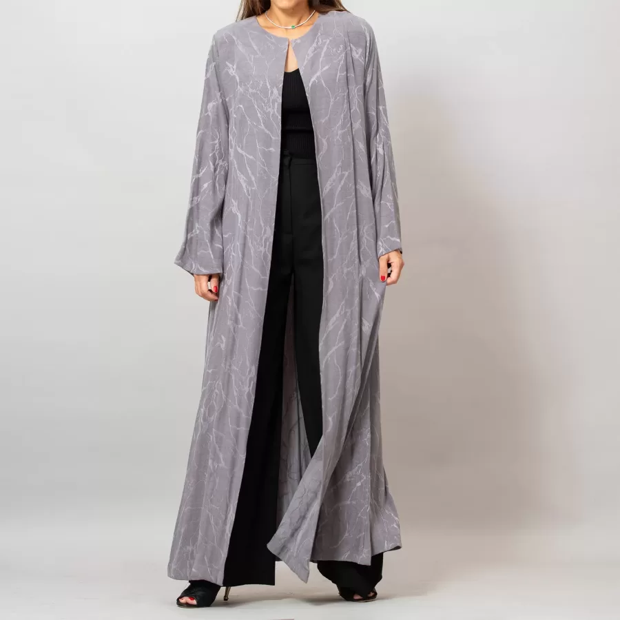 Orchid Gray Washed Silk Self-Embroidery Round Neck Abaya