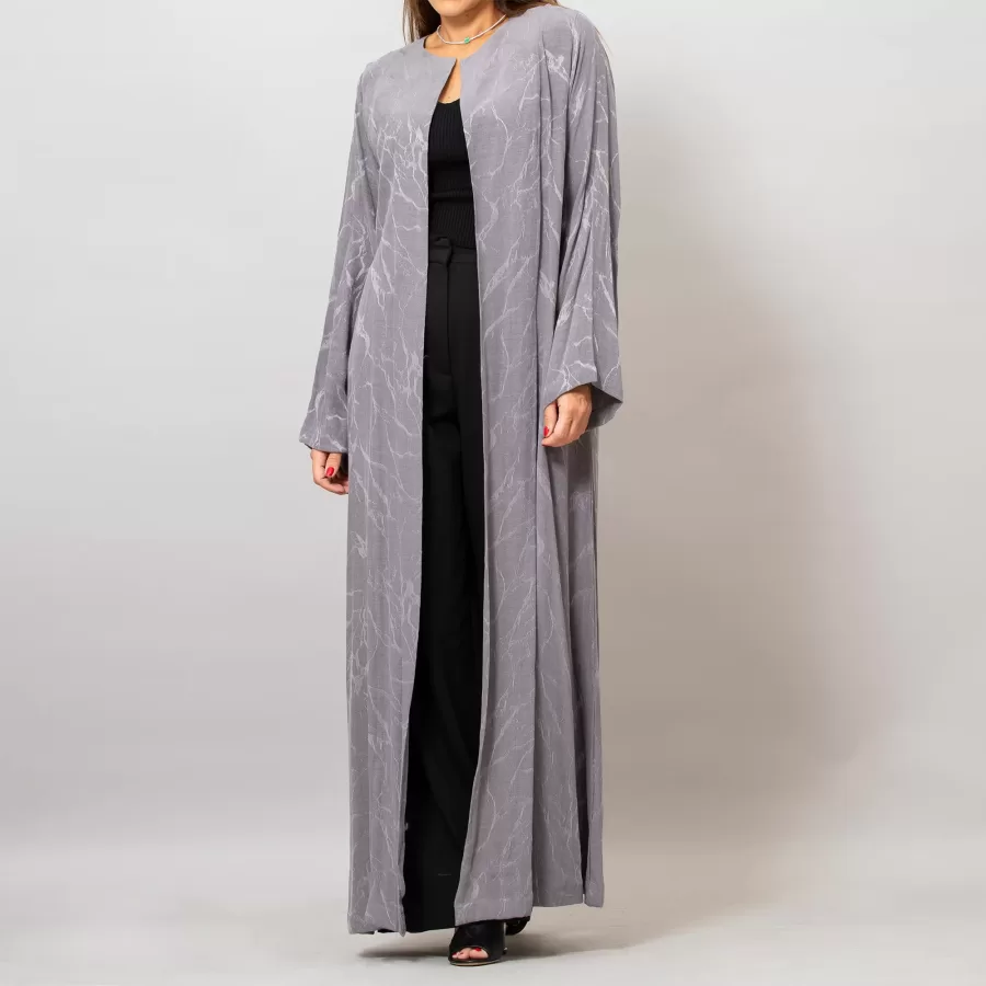 Orchid Gray Washed Silk Self-Embroidery Round Neck Abaya