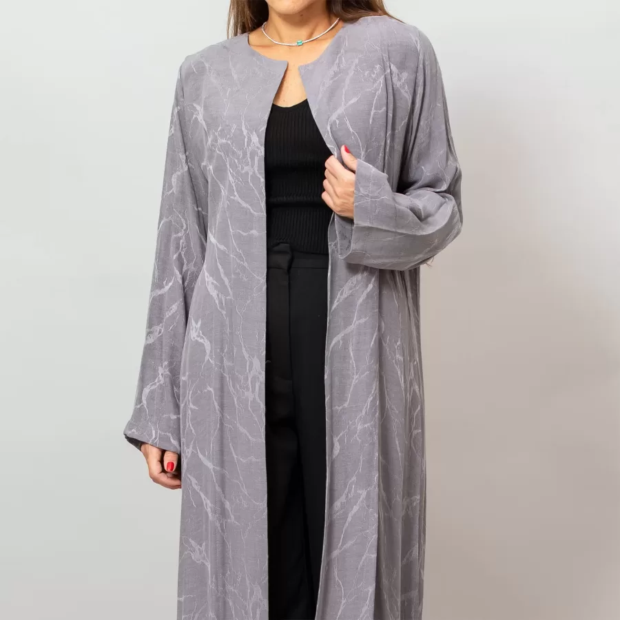 Orchid Gray Washed Silk Self-Embroidery Round Neck Abaya