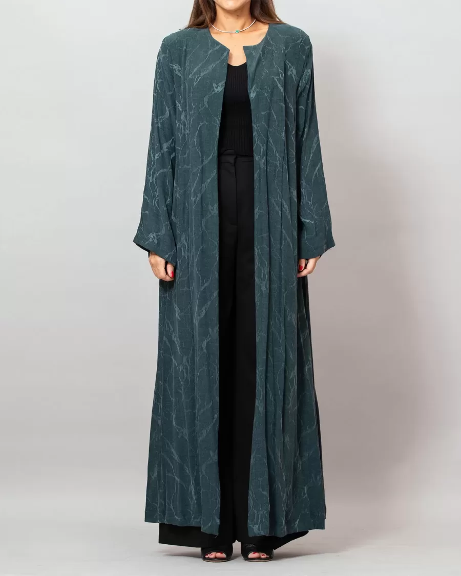 Orchid Dark Green Washed Silk Self-Embroidery Round Neck Abaya Orchid Washed Silk Self-Embroidery Round Neck Abaya