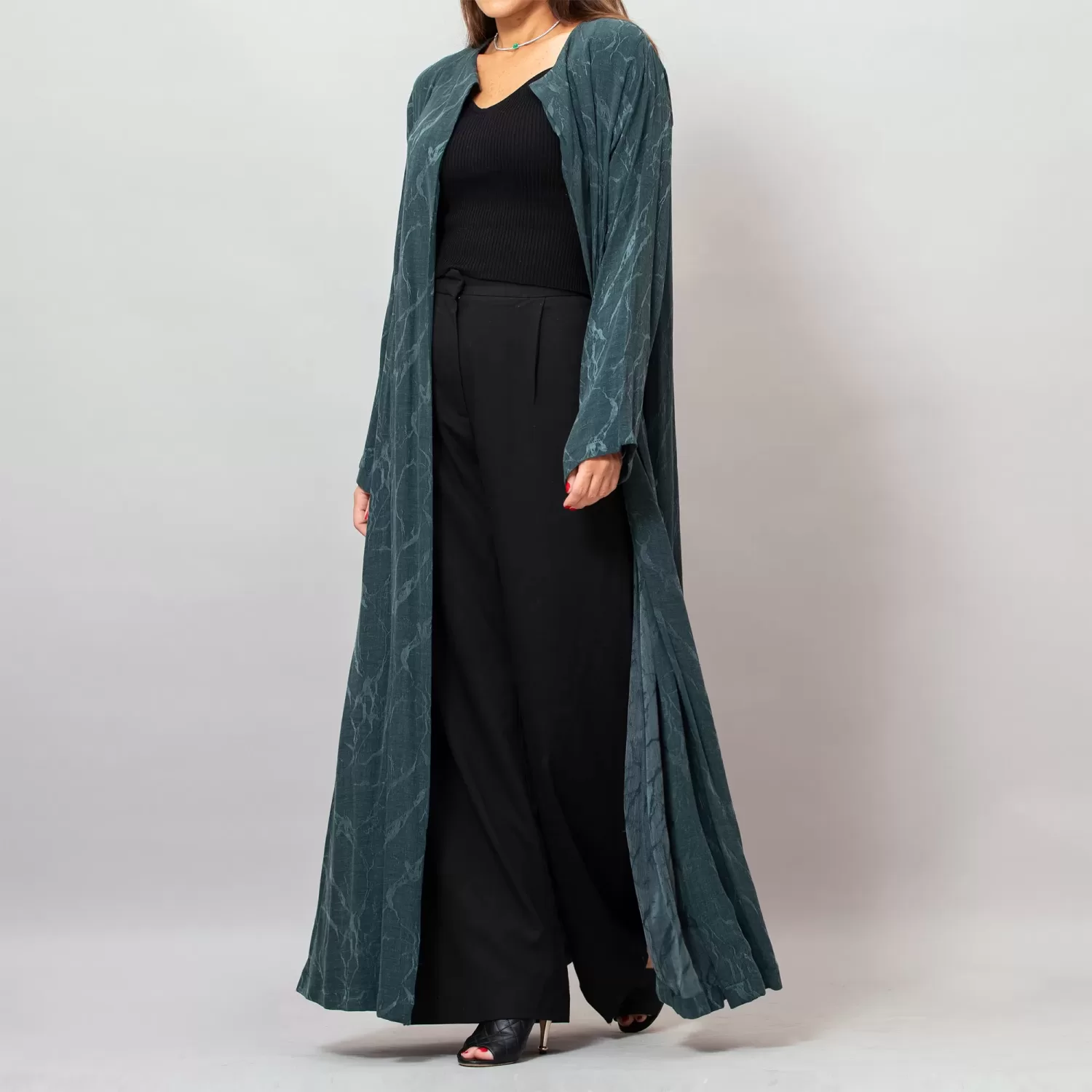 Orchid Dark Green Washed Silk Self-Embroidery Round Neck Abaya Orchid Washed Silk Self-Embroidery Round Neck Abaya