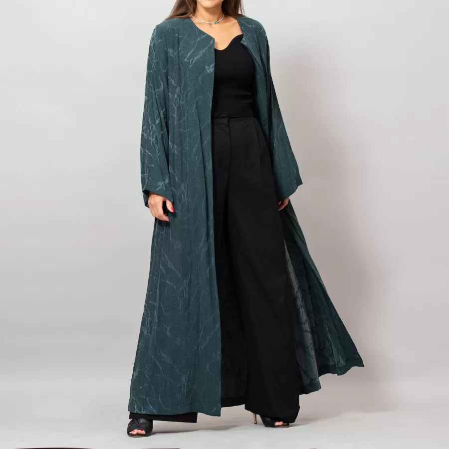 Orchid Dark Green Washed Silk Self-Embroidery Round Neck Abaya Orchid Washed Silk Self-Embroidery Round Neck Abaya