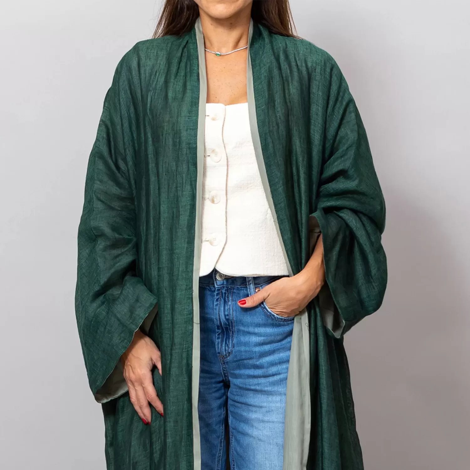 Loretta Viridian Green Mesh Linen Abaya with Colored Lining