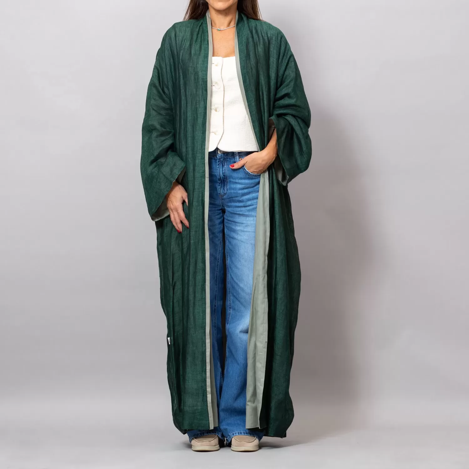 Loretta Viridian Green Mesh Linen Abaya with Colored Lining