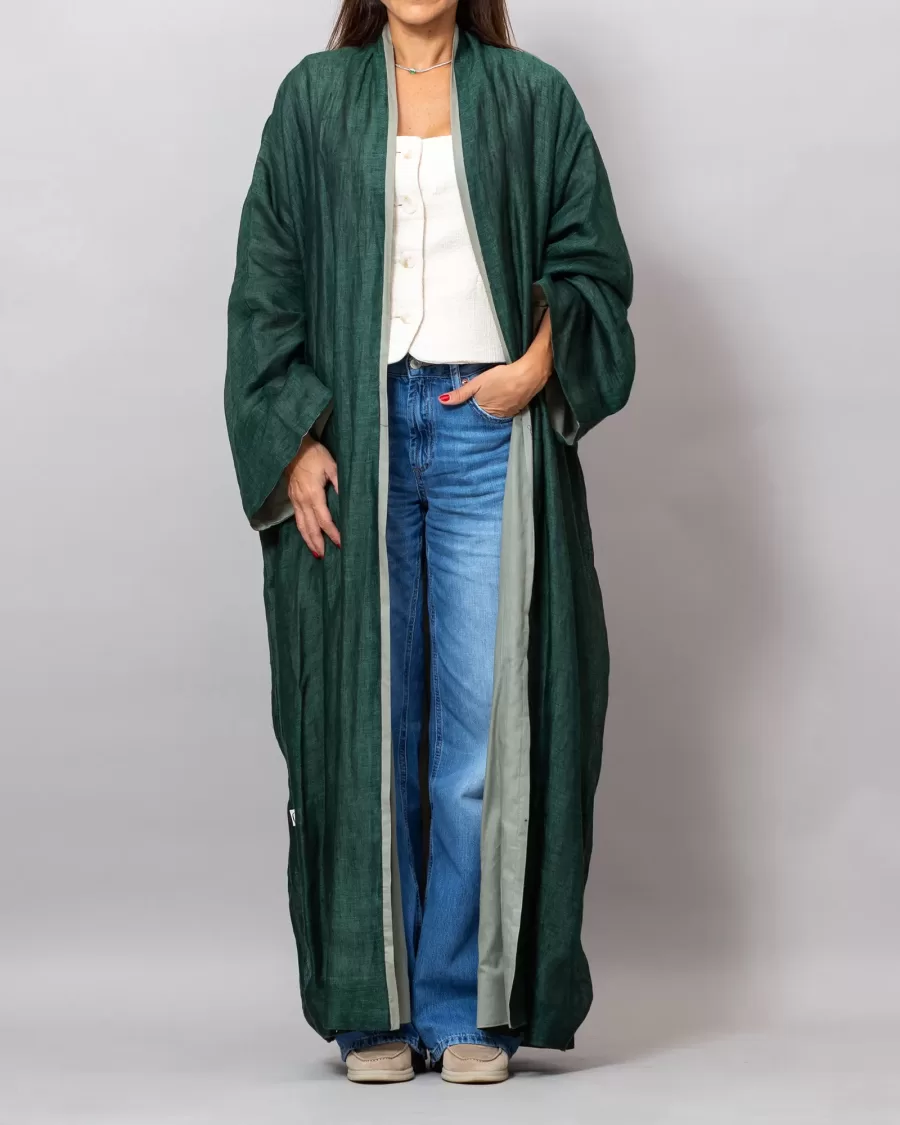 Loretta Viridian Green Mesh Linen Abaya with Colored Lining