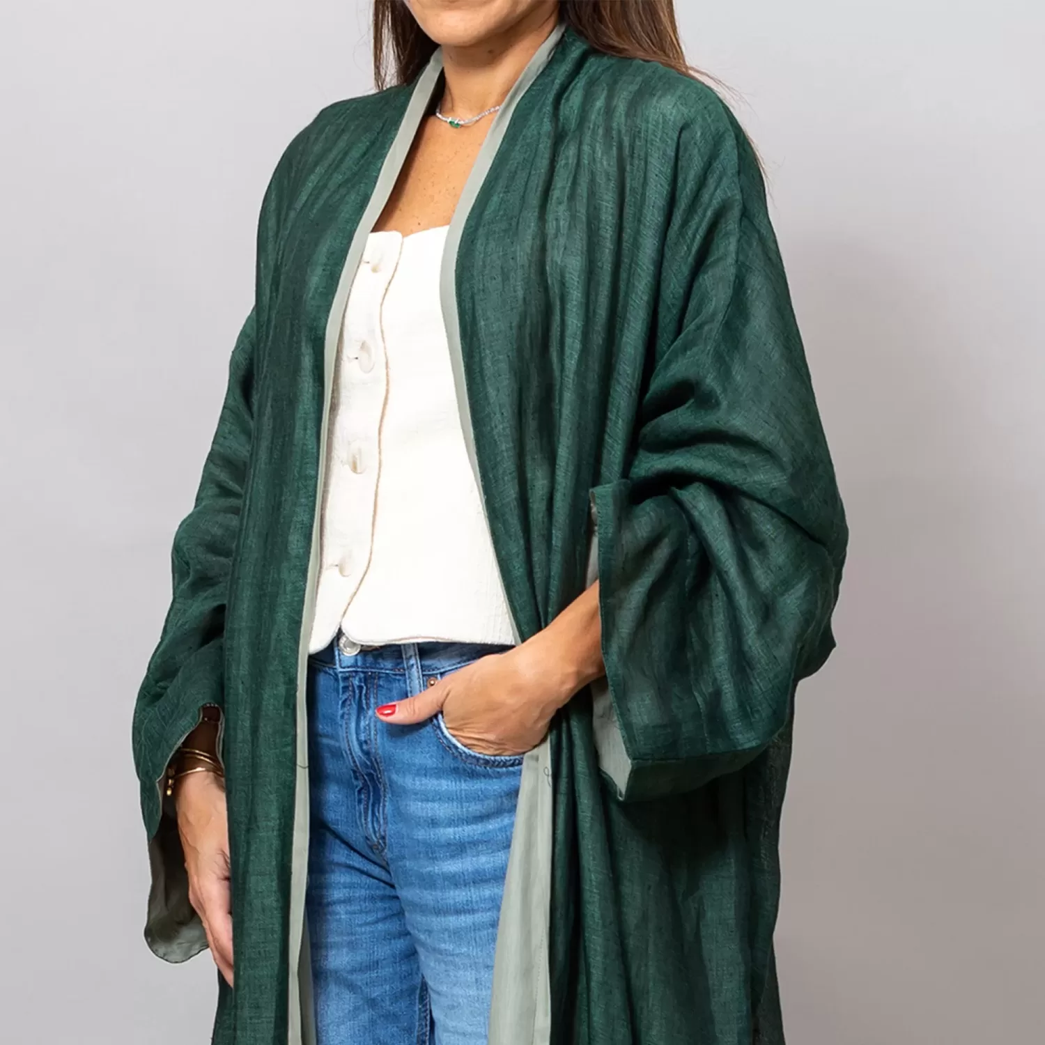 Loretta Viridian Green Mesh Linen Abaya with Colored Lining