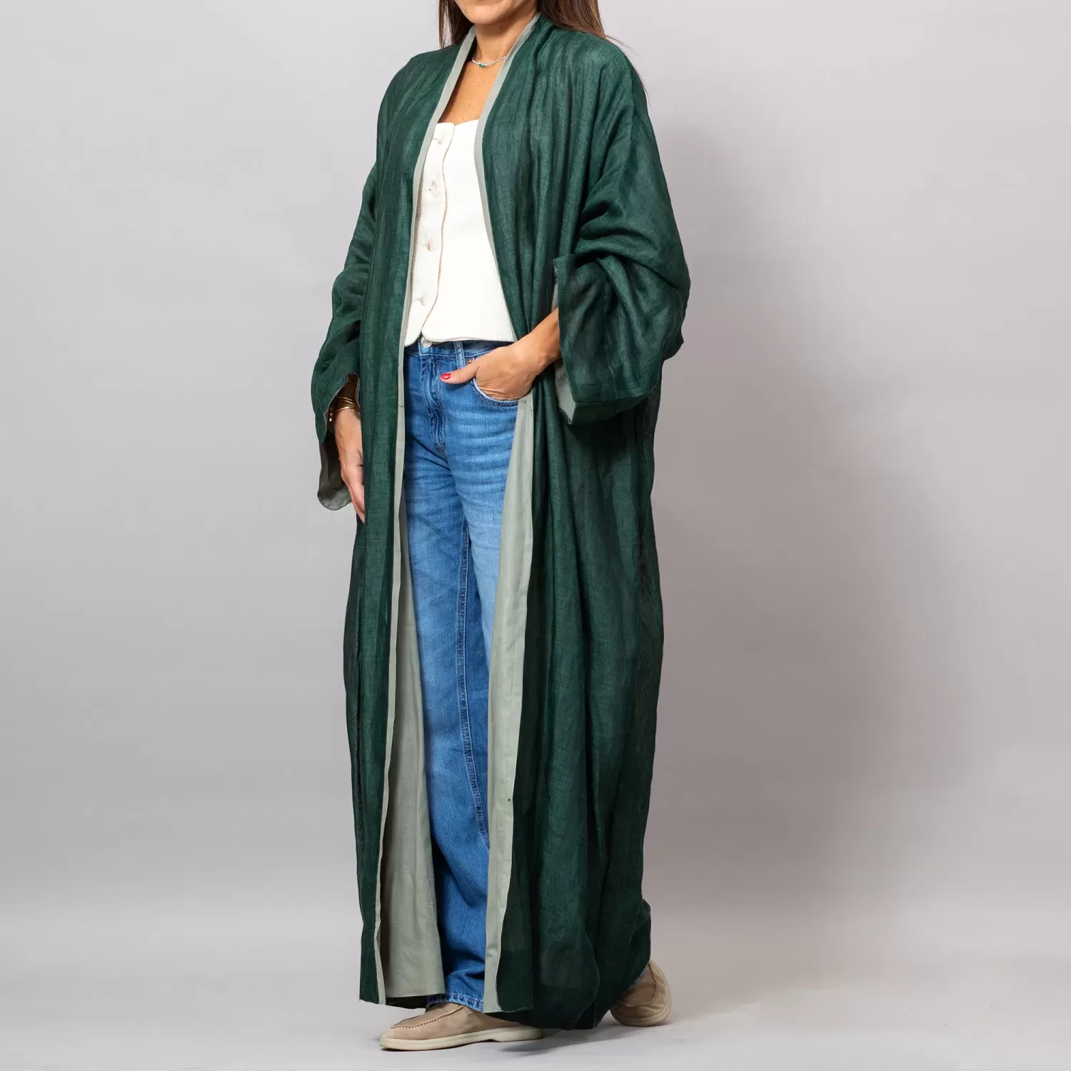 Loretta Viridian Green Mesh Linen Abaya with Colored Lining