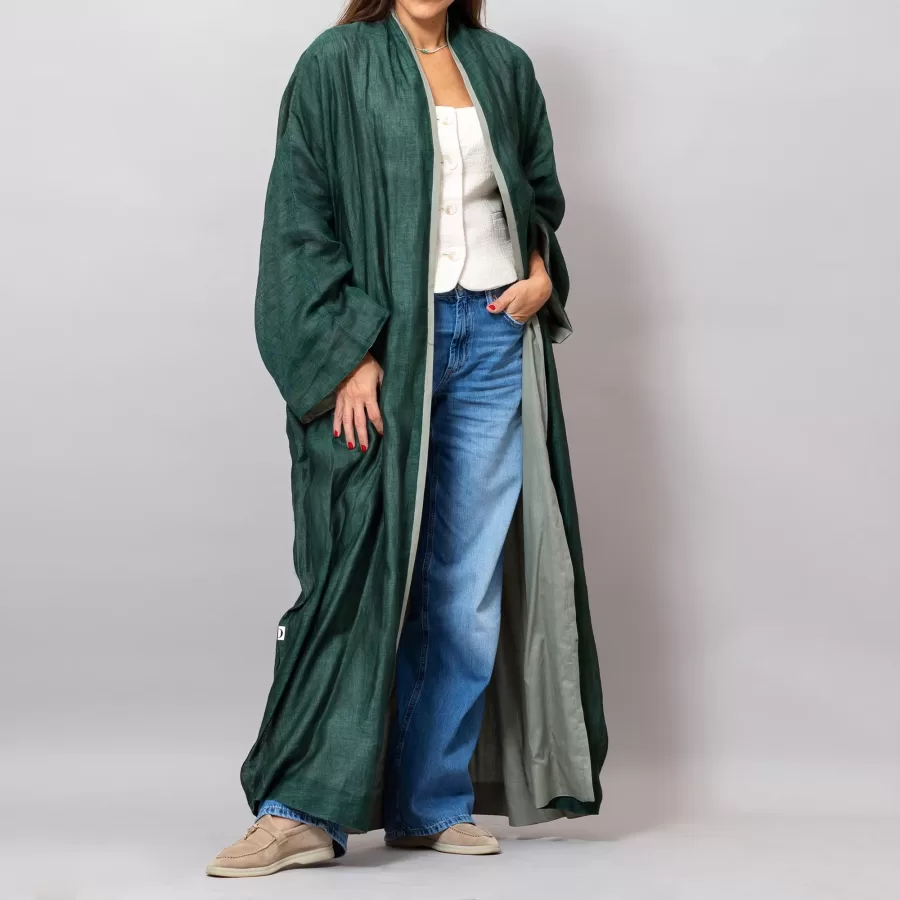 Loretta Viridian Green Mesh Linen Abaya with Colored Lining