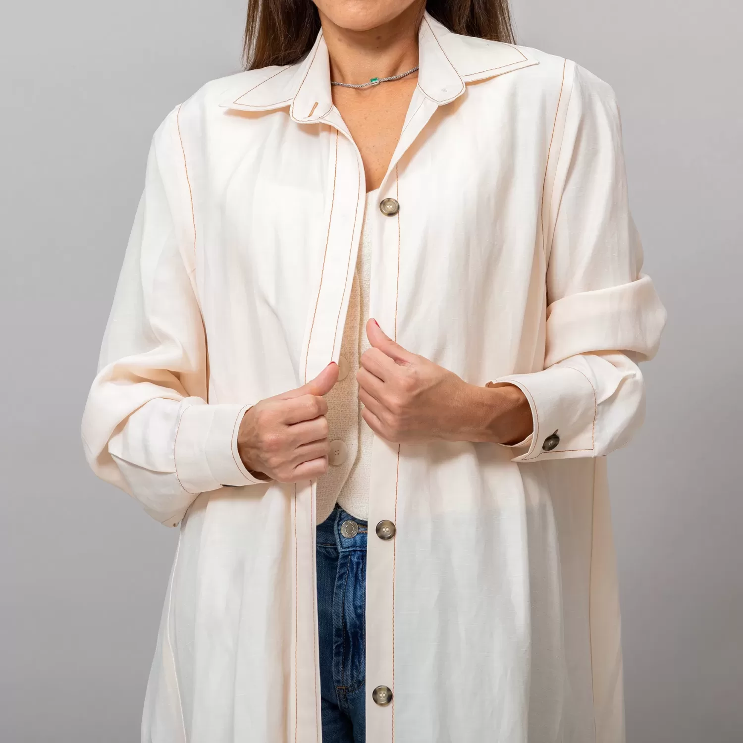 Maria Seashell Long Linen Button-Down Shirt