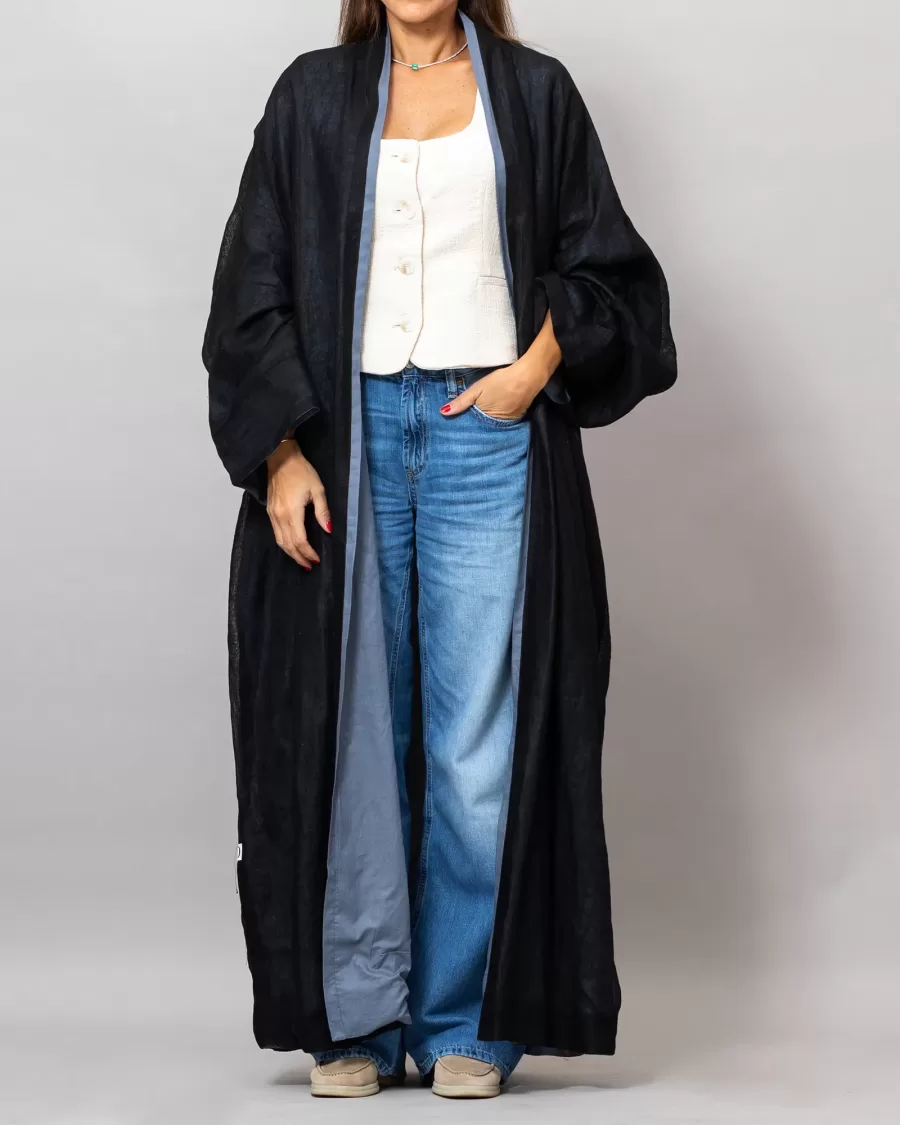 Loretta Black Mesh Linen Abaya with Colored Lining