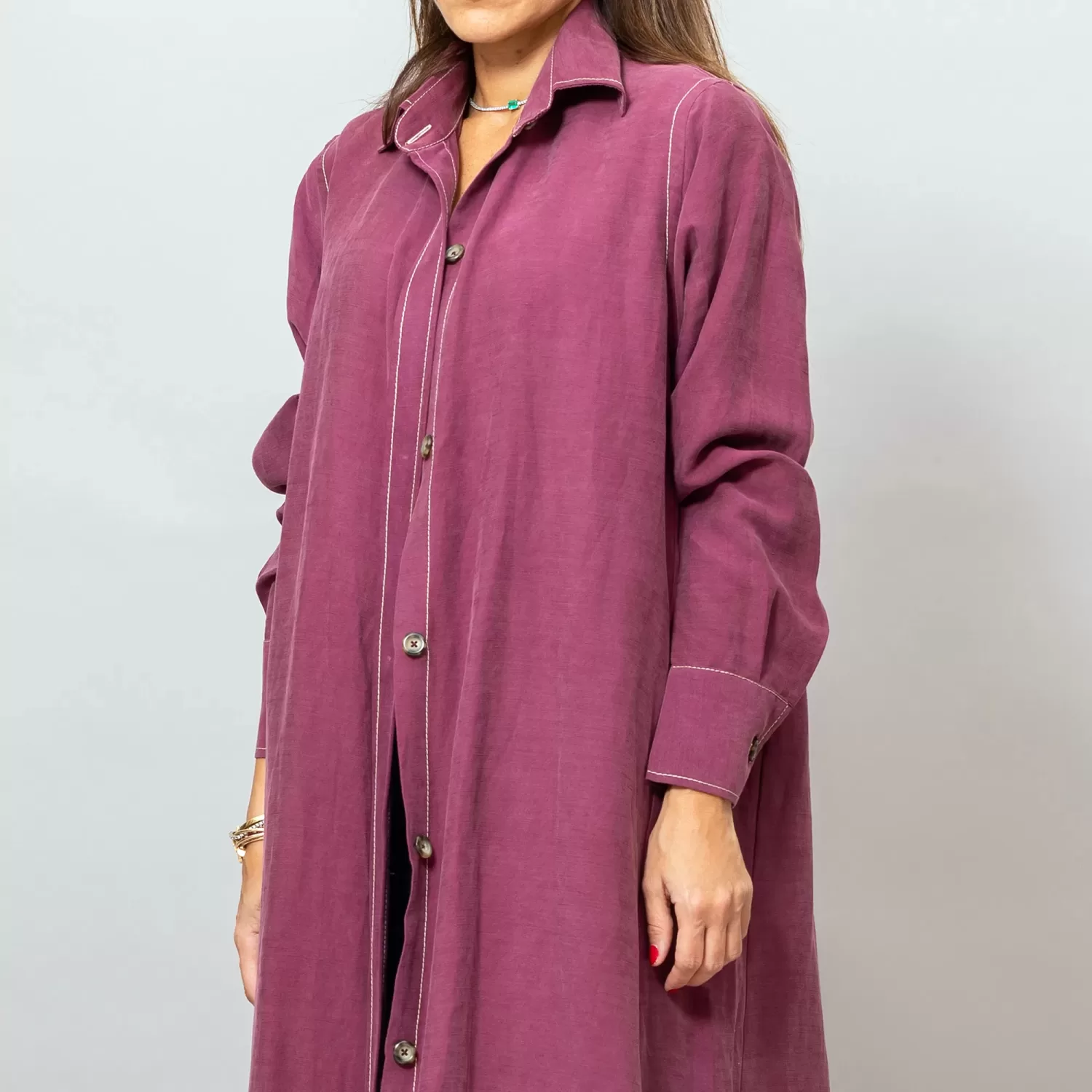 Maria Mulberry Long Linen Button-Down Shirt