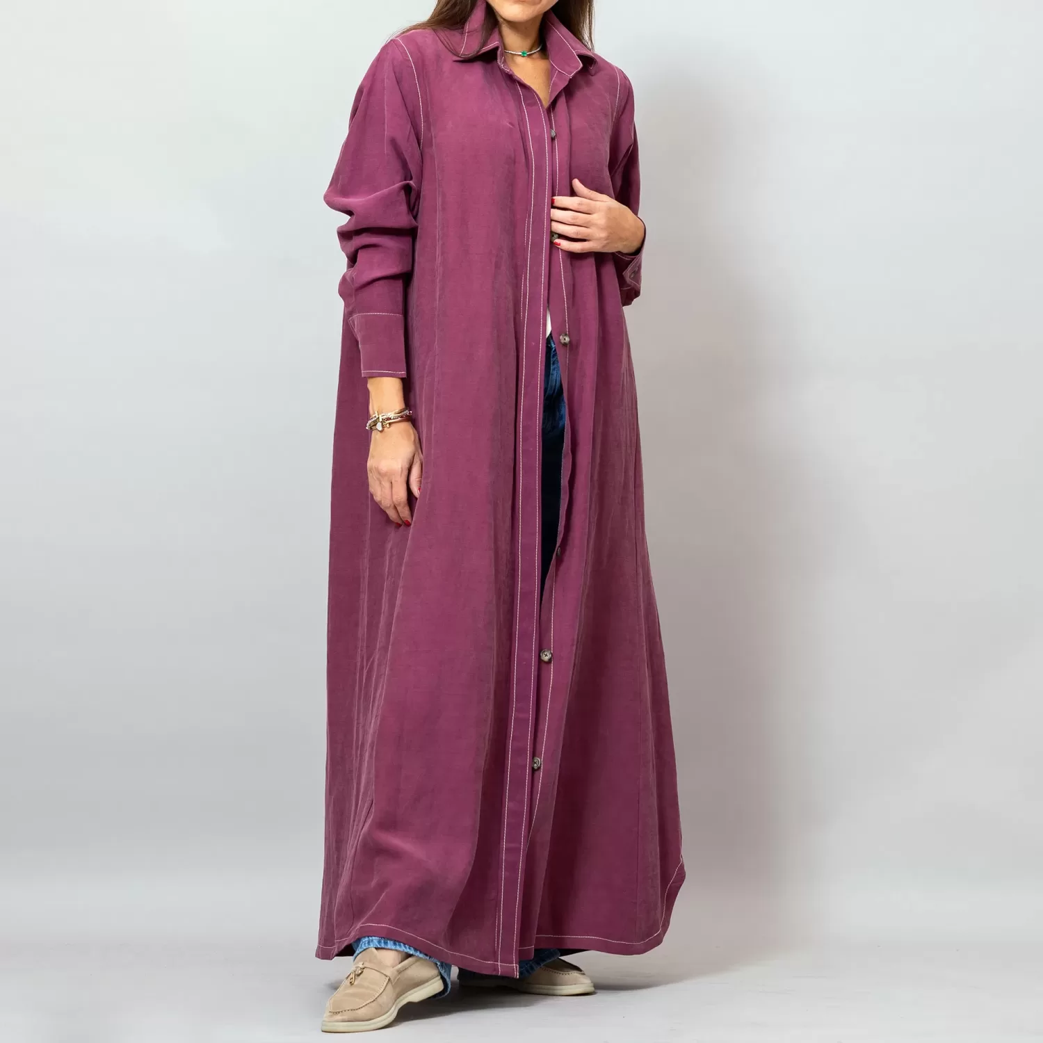 Maria Mulberry Long Linen Button-Down Shirt