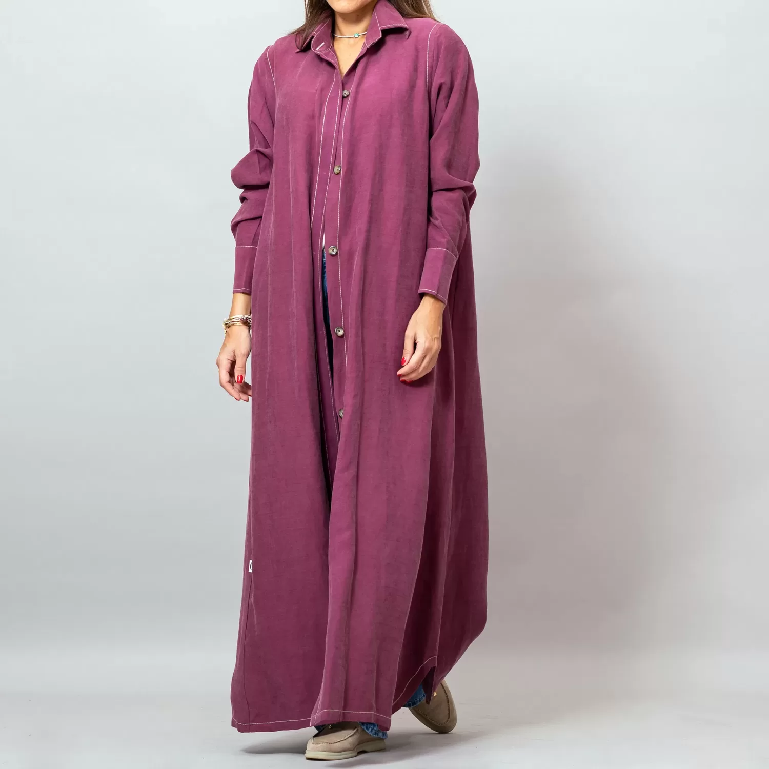 Maria Mulberry Long Linen Button-Down Shirt