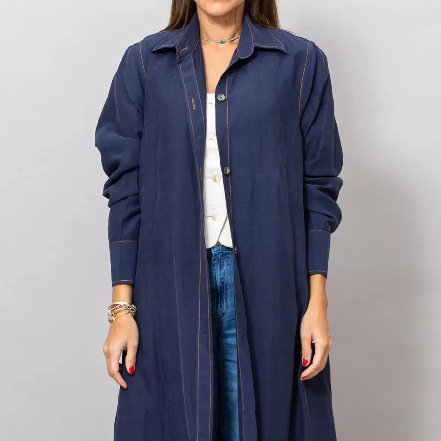 Maria Navy Blue Long Linen Button-Down Shirt