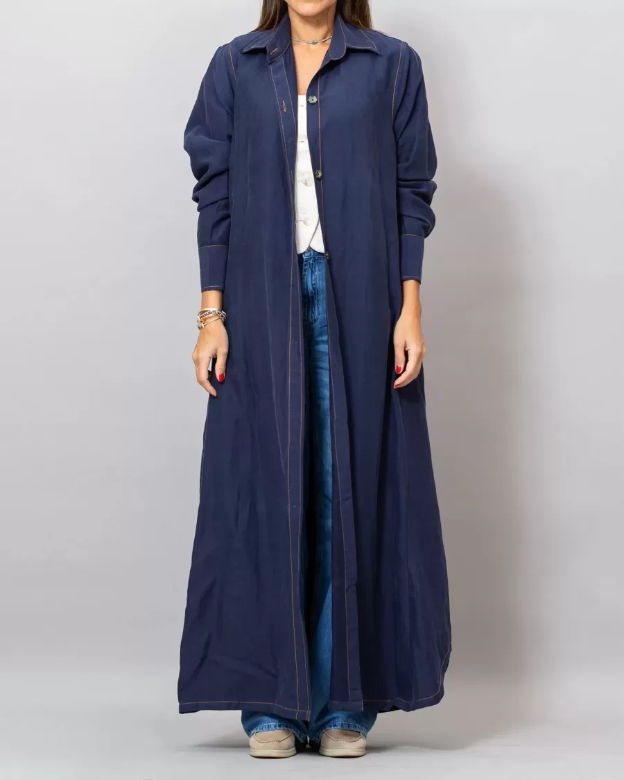 Maria Navy Blue Long Linen Button-Down Shirt