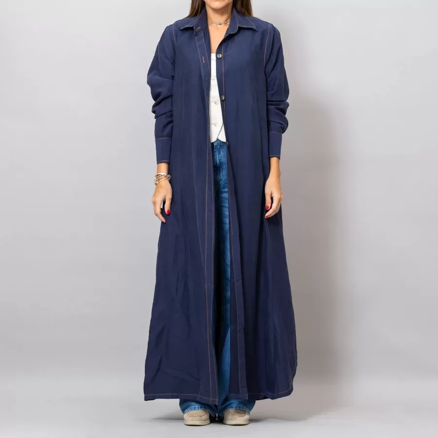 Maria Navy Blue Long Linen Button-Down Shirt