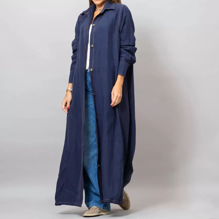 Maria Navy Blue Long Linen Button-Down Shirt
