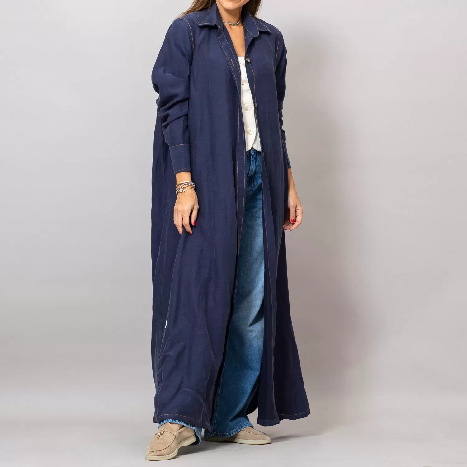 Maria Navy Blue Long Linen Button-Down Shirt