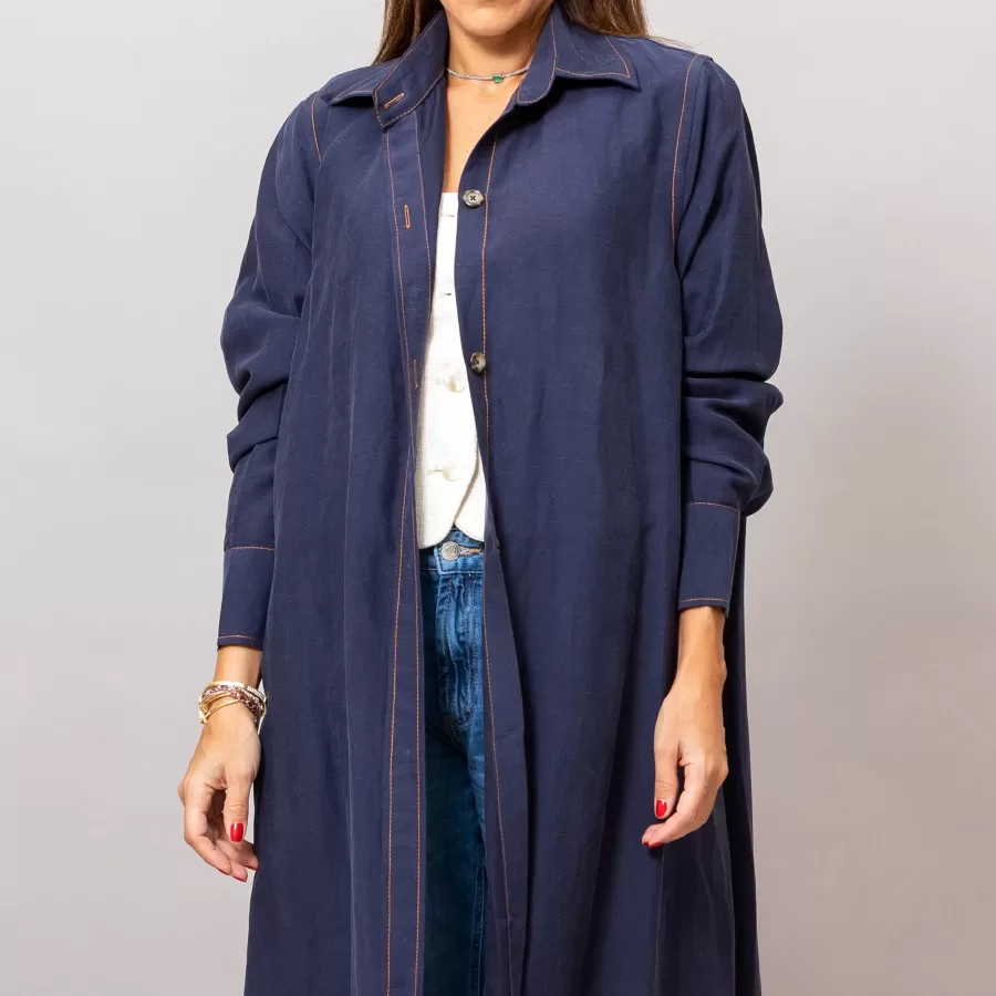 Maria Navy Blue Long Linen Button-Down Shirt