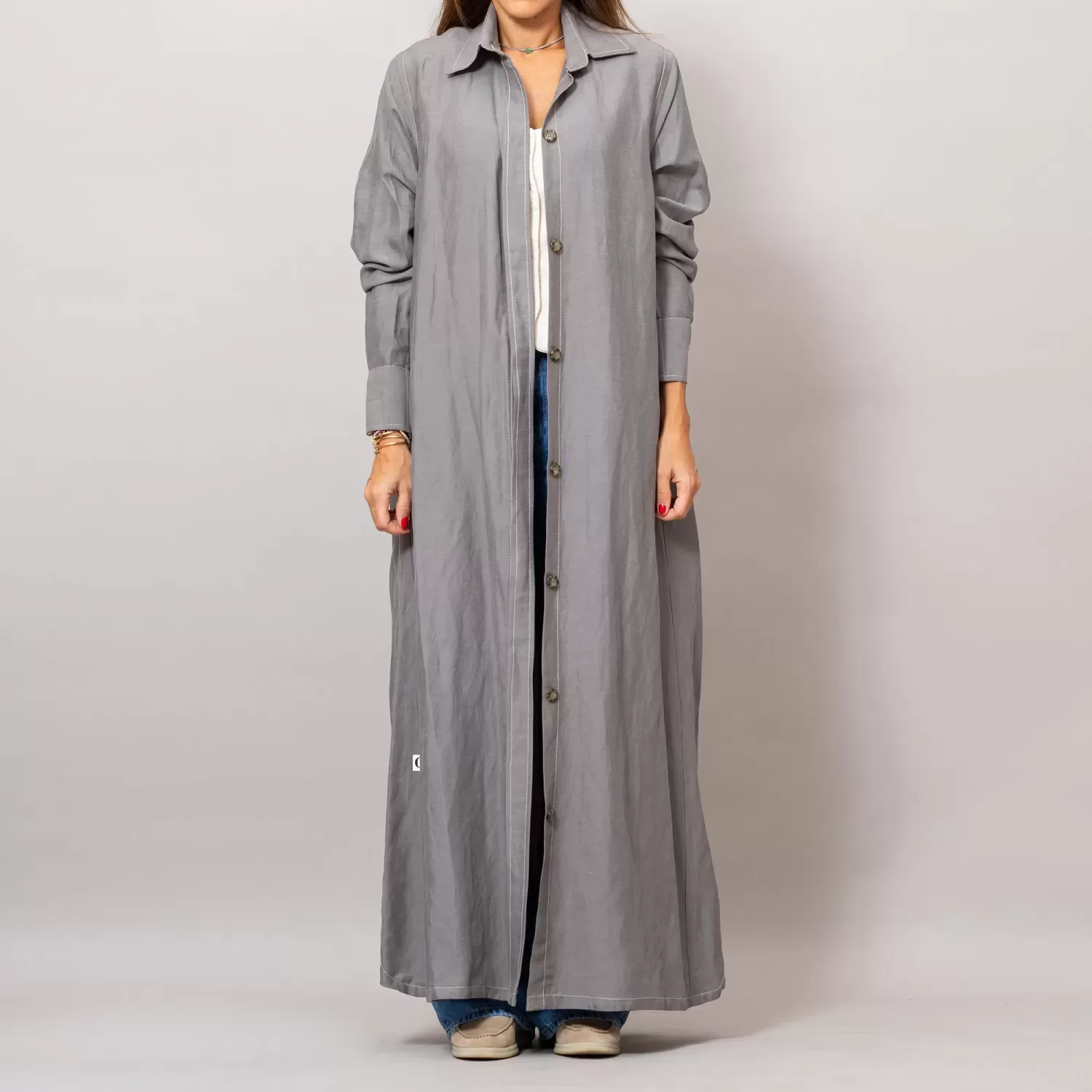Maria Dark Gray Long Linen Button-Down Shirt