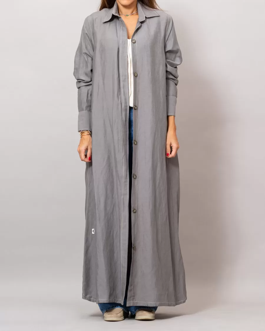 Maria Dark Gray Long Linen Button-Down Shirt