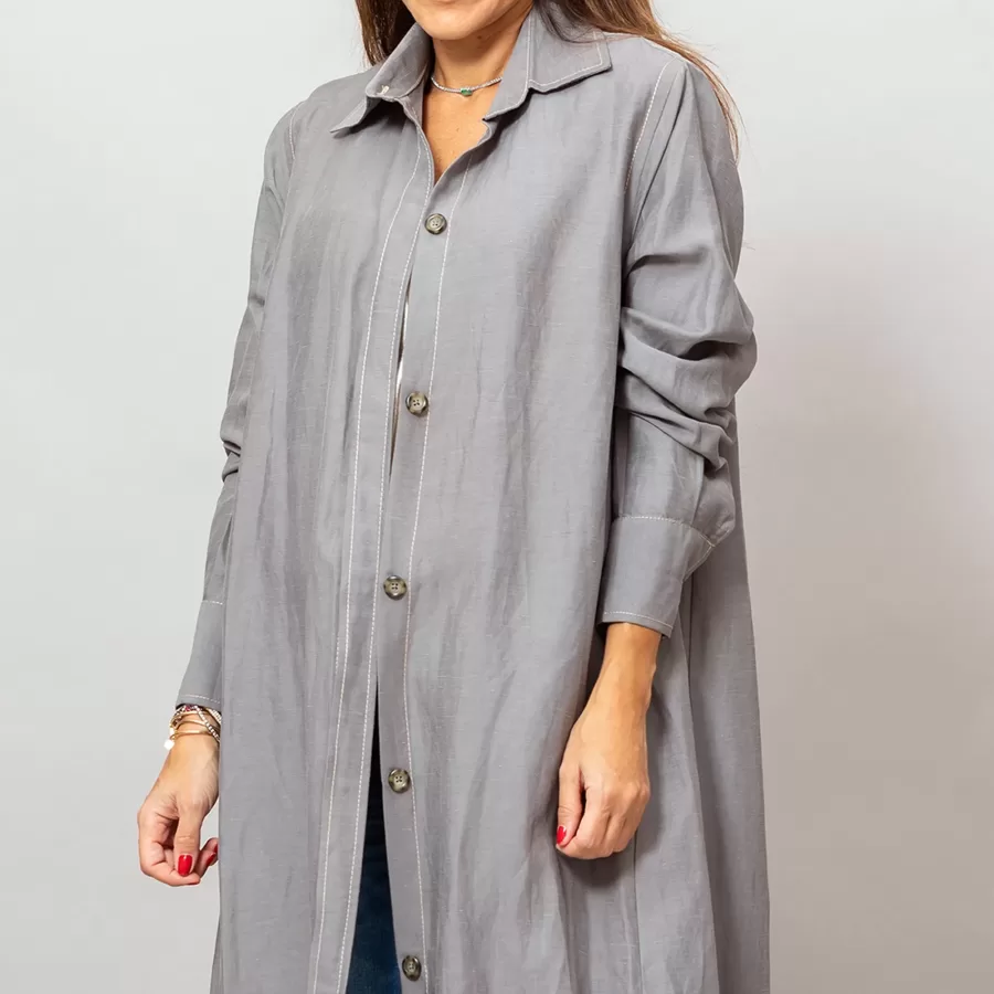 Maria Dark Gray Long Linen Button-Down Shirt
