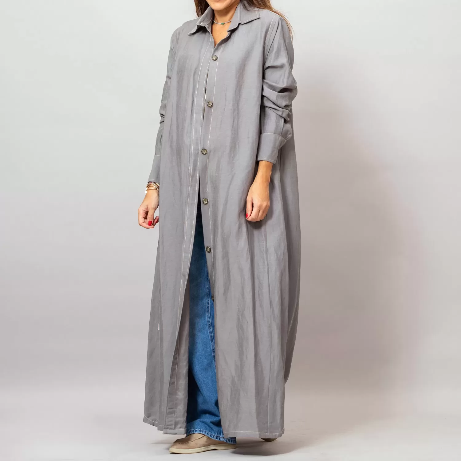 Maria Dark Gray Long Linen Button-Down Shirt