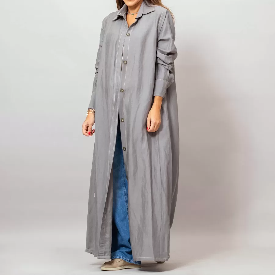Maria Dark Gray Long Linen Button-Down Shirt