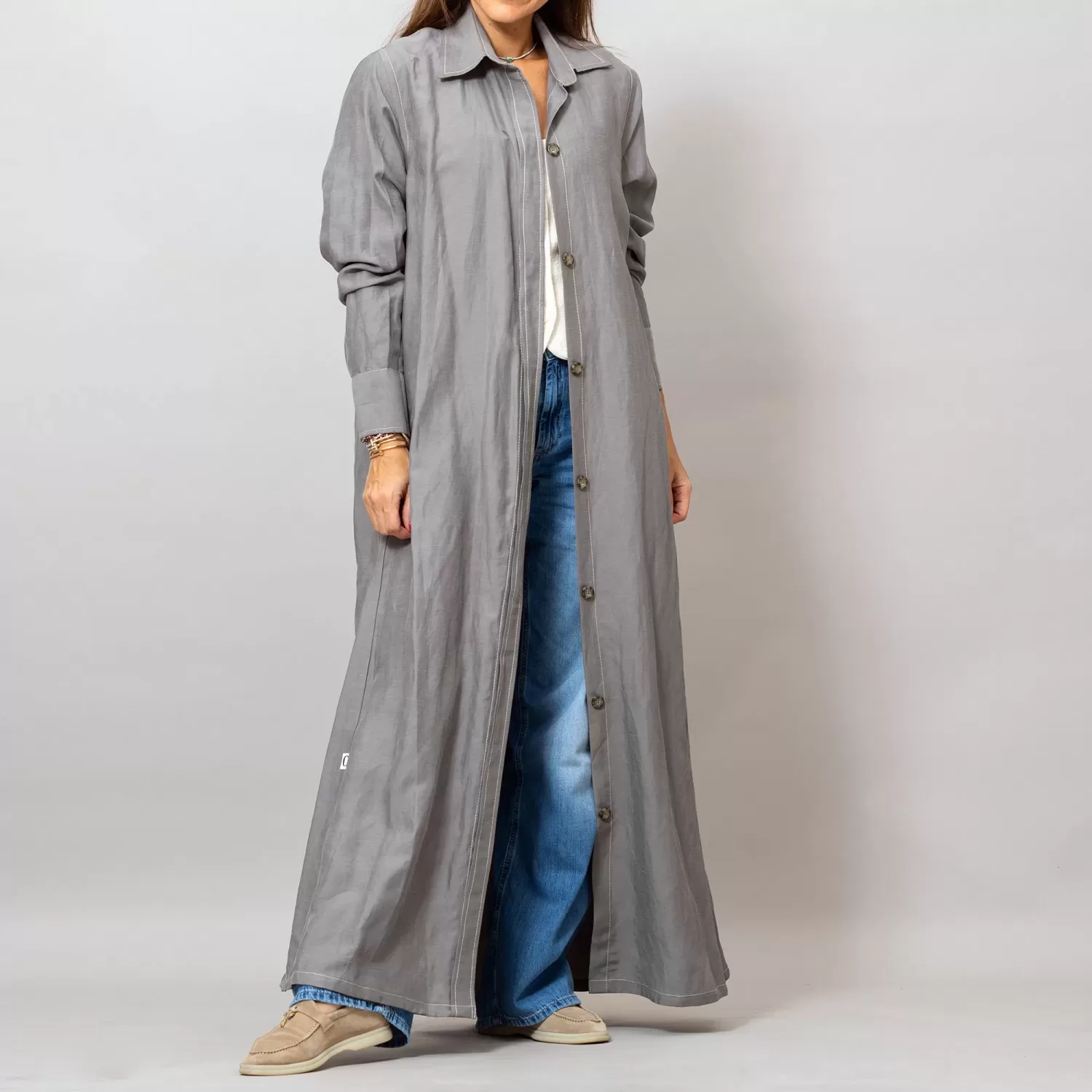 Maria Dark Gray Long Linen Button-Down Shirt