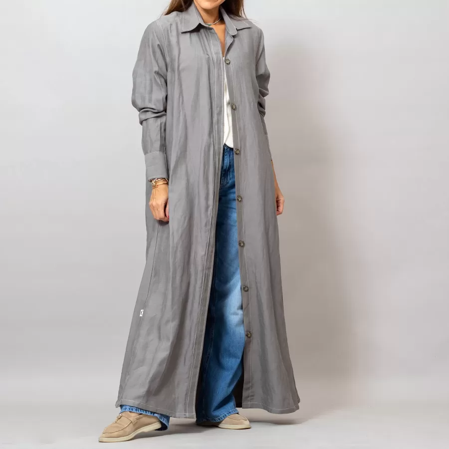 Maria Dark Gray Long Linen Button-Down Shirt